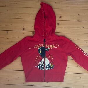 Ed Hardy Red Hoodie with Skull and Flames